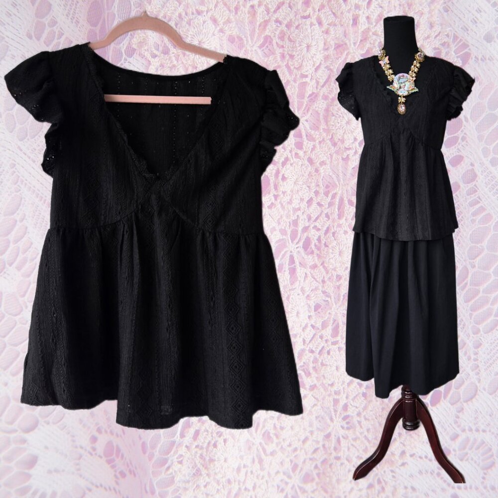 Shein Black Baby Doll Top Romantic Broderie Anglaise Medium Lace Ruffle Sleeve